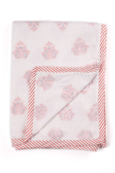 Pink and Aqua hand block printed dohar (summer blanket) in Anya print by Feroza Designs