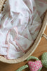 Pink and Aqua hand block printed dohar (summer blanket) in a moses basket. Anya print by Feroza Designs