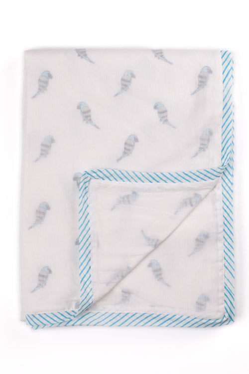 Navy, Grey and Aqua hand block printed dohar (summer blanket) in Aqua bird print by Feroza Designs